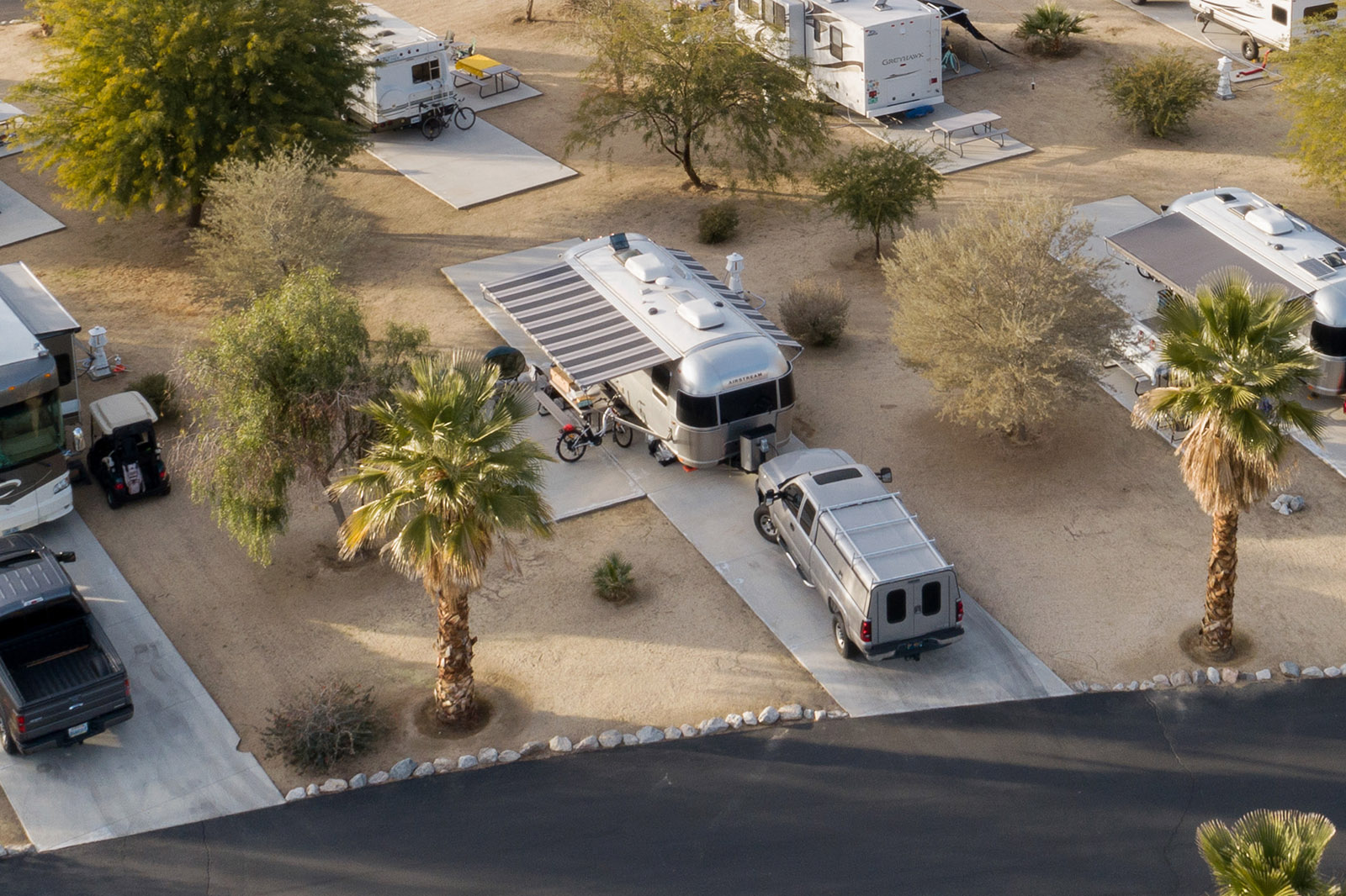 aerial view of back-in campsite rv site